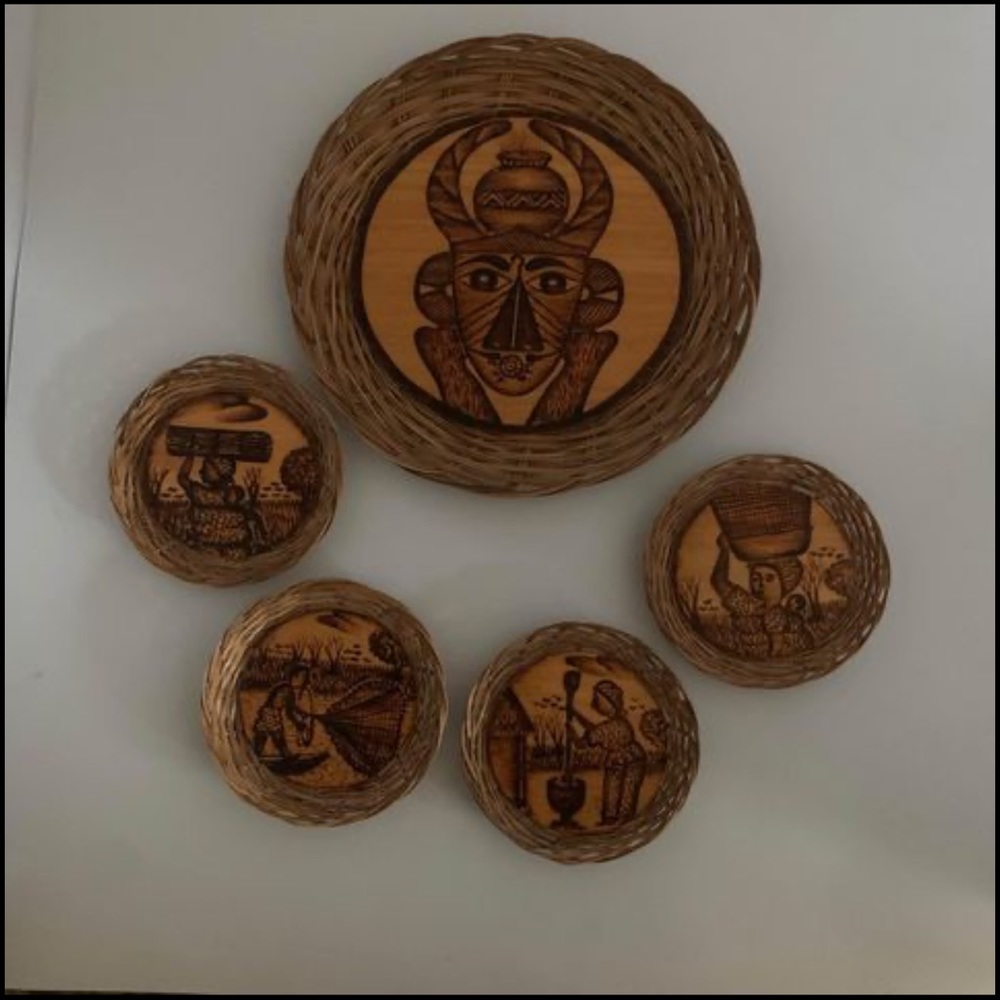 SOLD  Vintage 5 Piece Wood Burn Decorative Plate/Trinket/Coasters